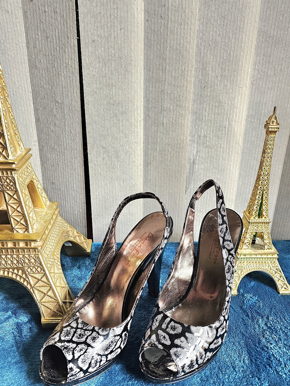 Slingback Peep-Toe Heels in Black & White Animal Print